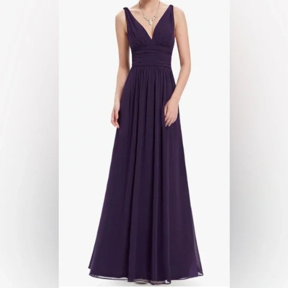 Ever Pretty Plum Chiffon Maxi Dress Size 18 V-Neck Empire Waist Formal NWT